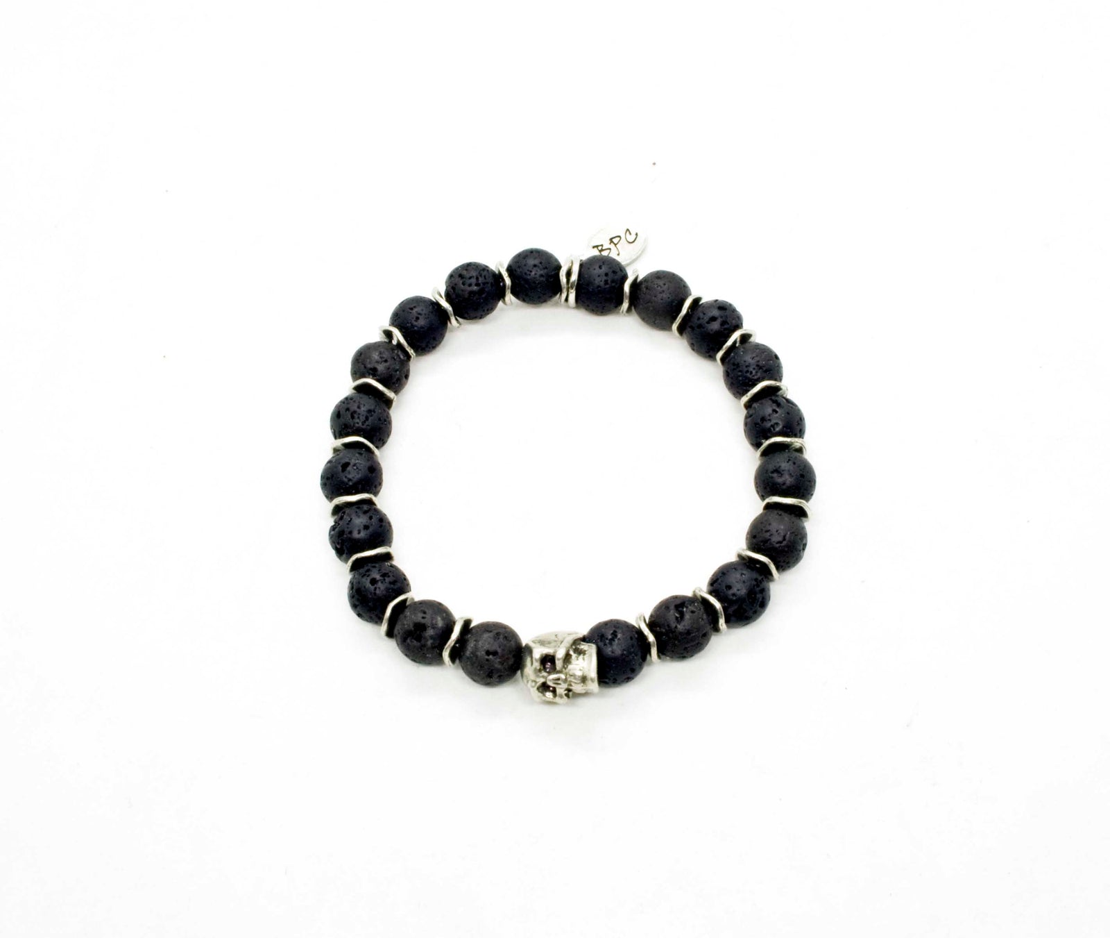 Black Pearl Creations Lava Stone and Patinated Pewter Skull Bracelet