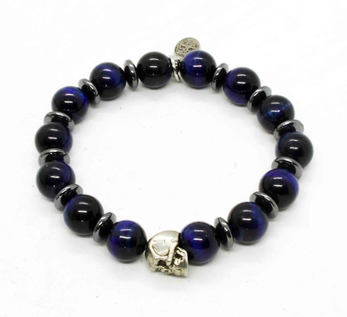 Black Pearl Creations Blue Tiger Eye &amp; Patinated Pewter Skull Bracelet