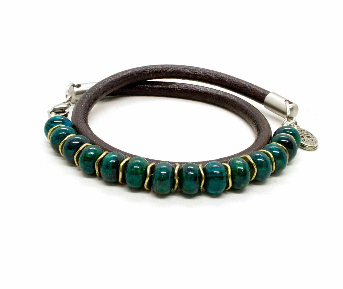 Black Pearl Creations Chrysocolle and Leather Double Pearl Bracelet